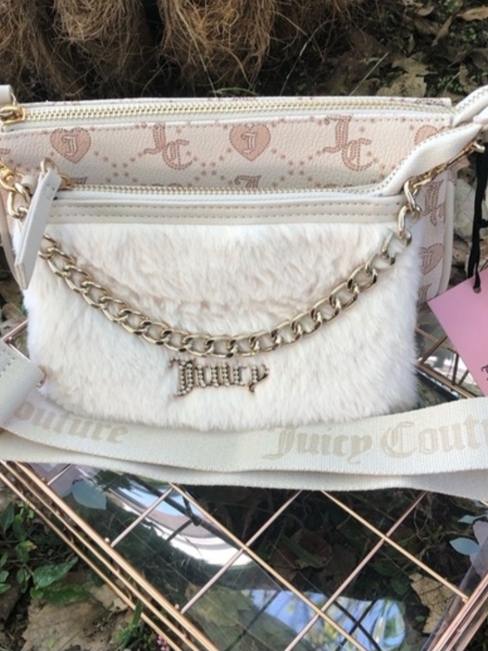 Juicy Couture Handbags - Juicy Couture Cream Faux Fur and Logo Crossbody with Gold Chain